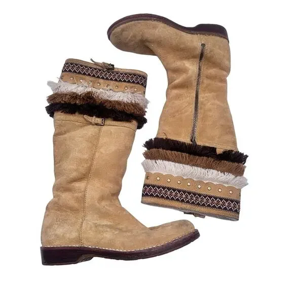 UGG 'Kiera' WOMEN's Tan Suede Shearling Lined Fringe Boho Knee-High Boots SIZE 8 - Picture 5 of 14